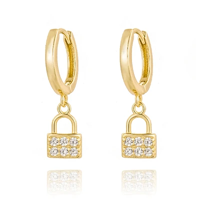 Pair of 925 Sterling Silver Gold PVD CZ Gem Lock Dangle Minimal Earrings