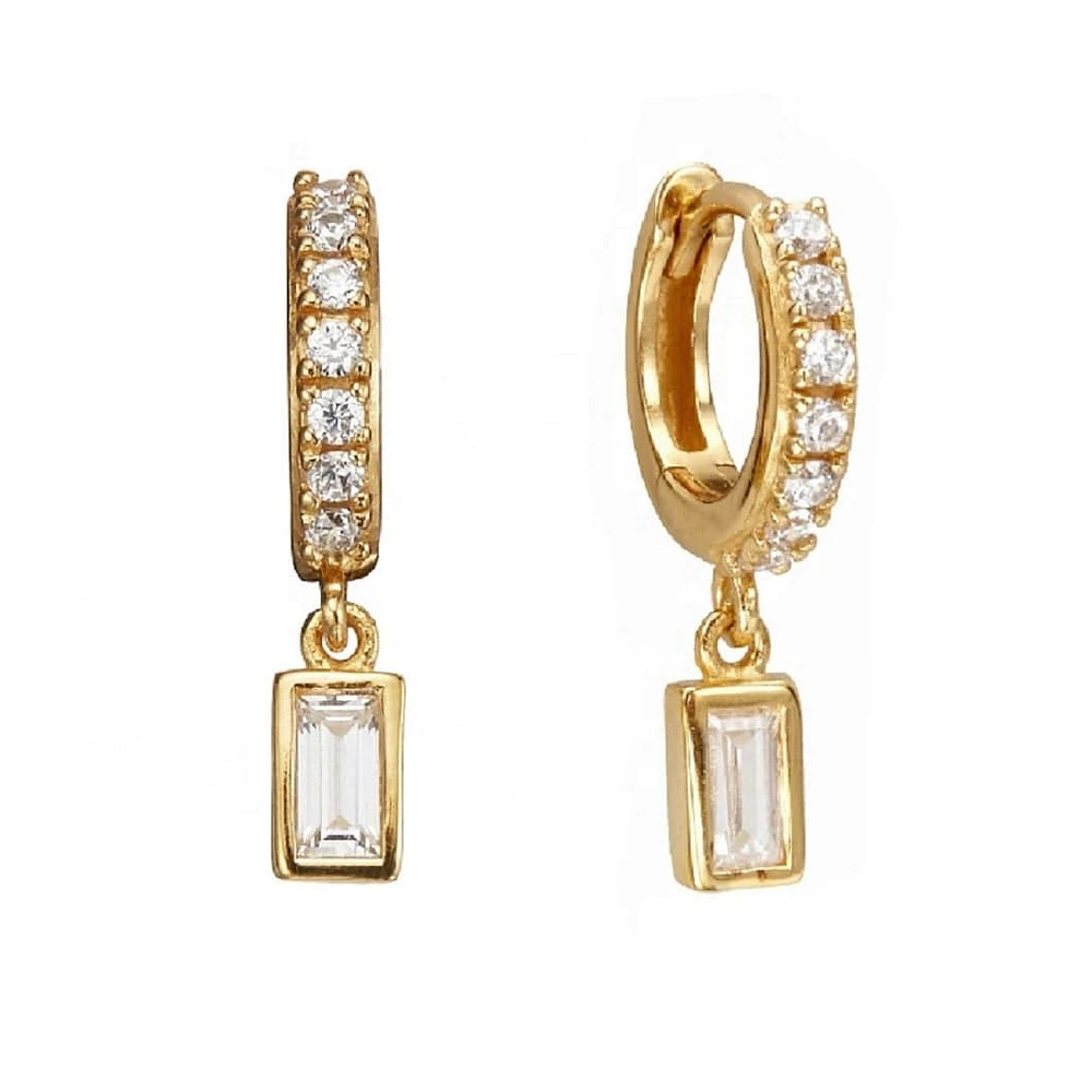 Pair of 925 Sterling Silver Gold PVD Diamond CZ Baguette Dangle Minimal Hoop Earrings