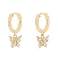 Pair of 925 Sterling Silver Gold PVD Diamond CZ Butterfly Dangle Minimal Hoop Earrings