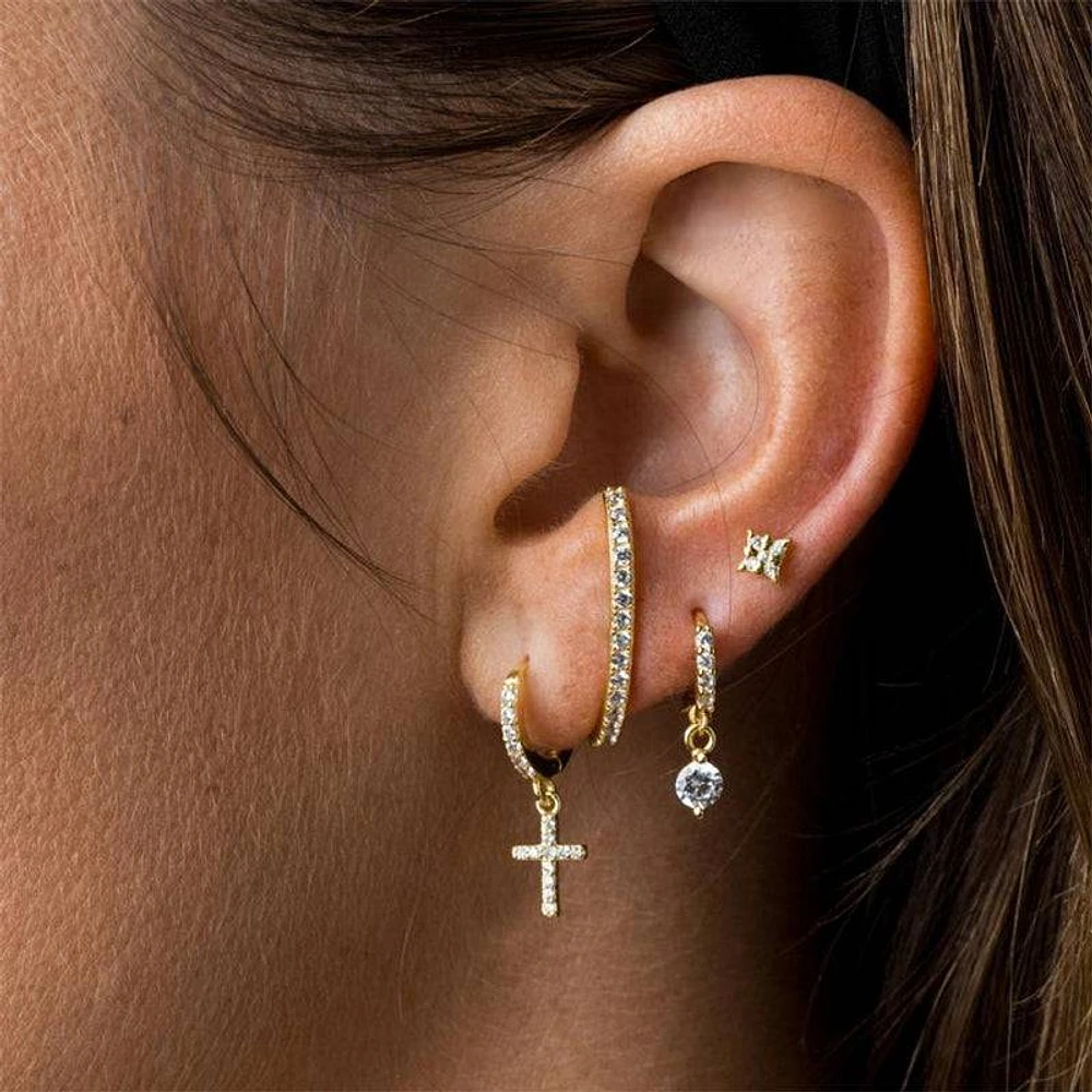 Pair of 925 Sterling Silver Gold PVD Diamond CZ Cross Dangle Minimal Hoops