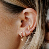 Pair of 925 Sterling Silver Gold PVD Diamond CZ Dangling Star Minimal Hoop Earrings