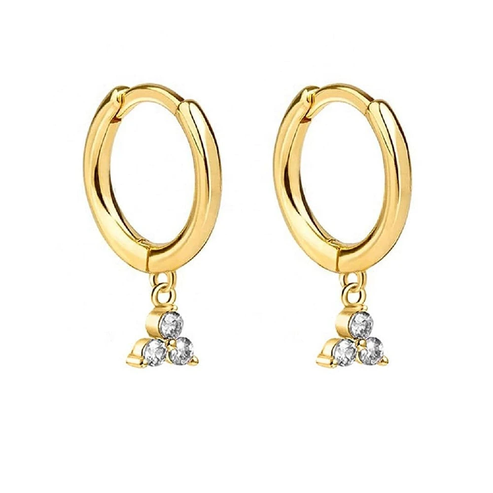 Pair of 925 Sterling Silver Gold PVD Diamond CZ Trillium Dangle Minimal Hoop Earrings