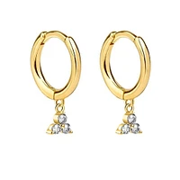 Pair of 925 Sterling Silver Gold PVD Diamond CZ Trillium Dangle Minimal Hoop Earrings
