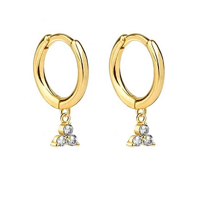 Pair of 925 Sterling Silver Gold PVD Diamond CZ Trillium Dangle Minimal Hoop Earrings