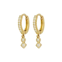 Pair of 925 Sterling Silver Gold PVD Diamond Minimal Hoop Earrings with CZ Dangles