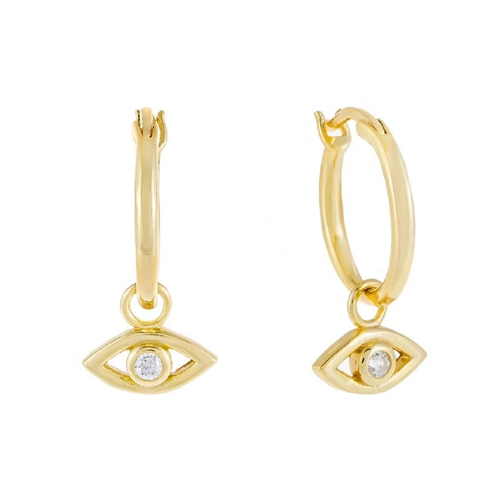 Pair of 925 Sterling Silver Gold PVD Evil Eye Dangle Minimal Hoop Earrings