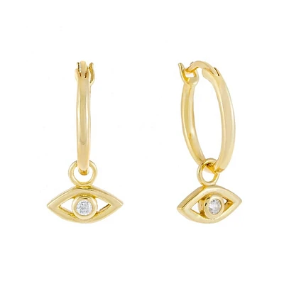 Pair of 925 Sterling Silver Gold PVD Evil Eye Dangle Minimal Hoop Earrings