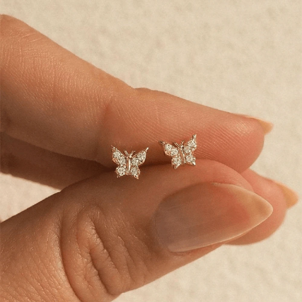 Pair of 925 Sterling Silver Gold PVD Small Butterfly Gem Minimal Earrings