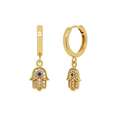 Pair Of 925 Sterling Silver Gold PVD White CZ Hamsa Dangle With Blue Gem Minimal Hoop Earrings