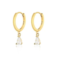 Pair Of 925 Sterling Silver Gold PVD White CZ Teardrop Dangle Minimal Hoop Earrings