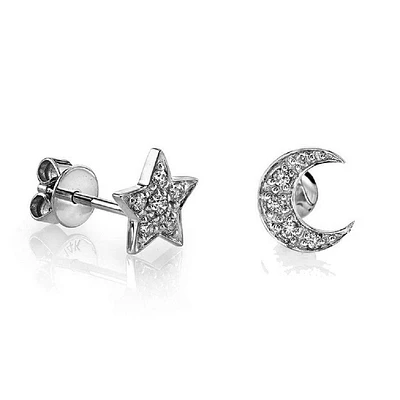 Pair of 925 Sterling Silver Large White CZ Star & Moon Minimal Earrings