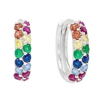 Pair of 925 Sterling Silver Minimal Women's Double Row Rainbow CZ Hinged Clicker Hoop Earrings