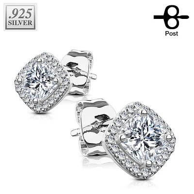 Pair of 925 Sterling Silver Paved White Square Earring Studs