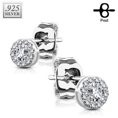 Pair of 925 Sterling Silver Small White Paved Circle Earring Studs