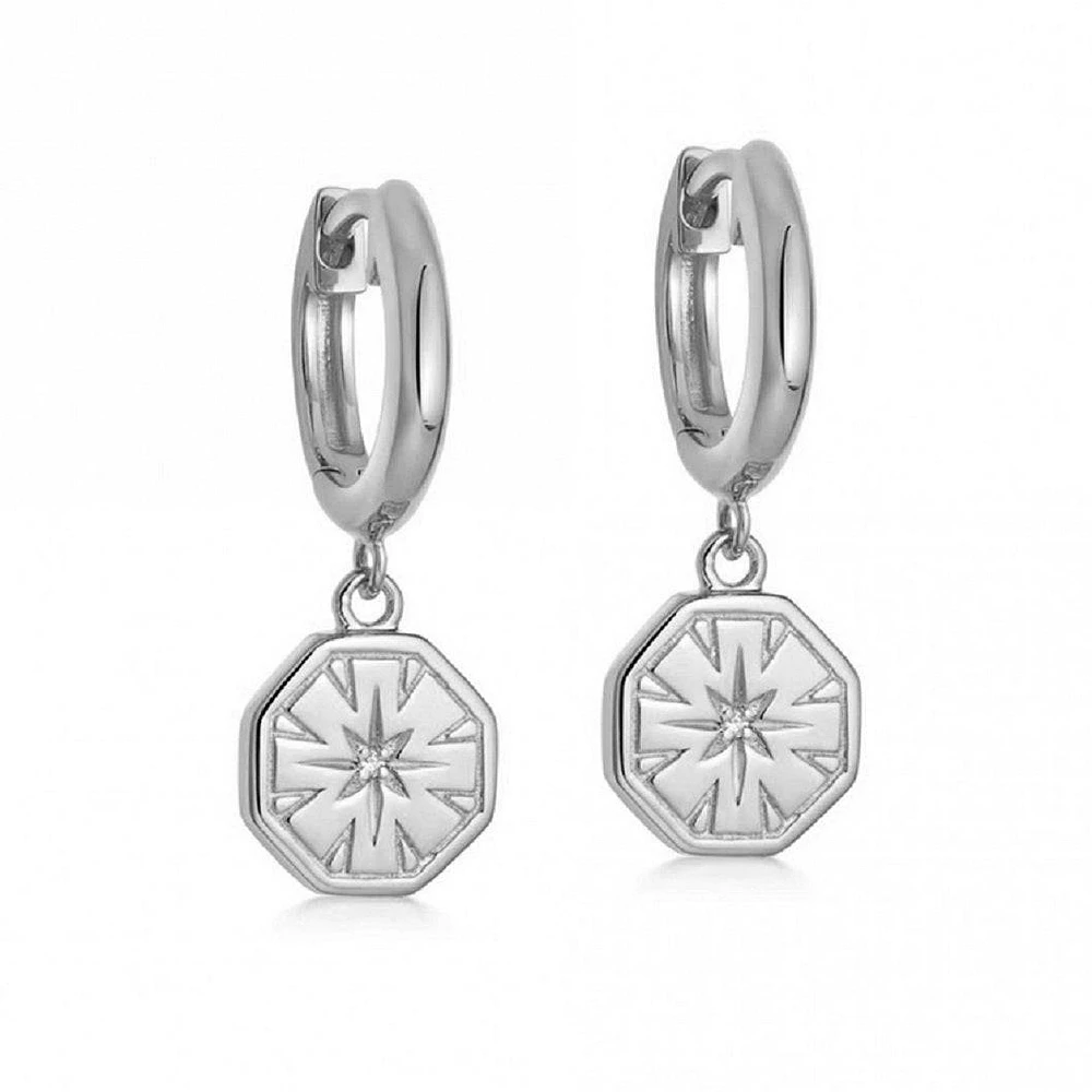 Pair of 925 Sterling Silver Starburst Dangle Minimal Hoop Earrings