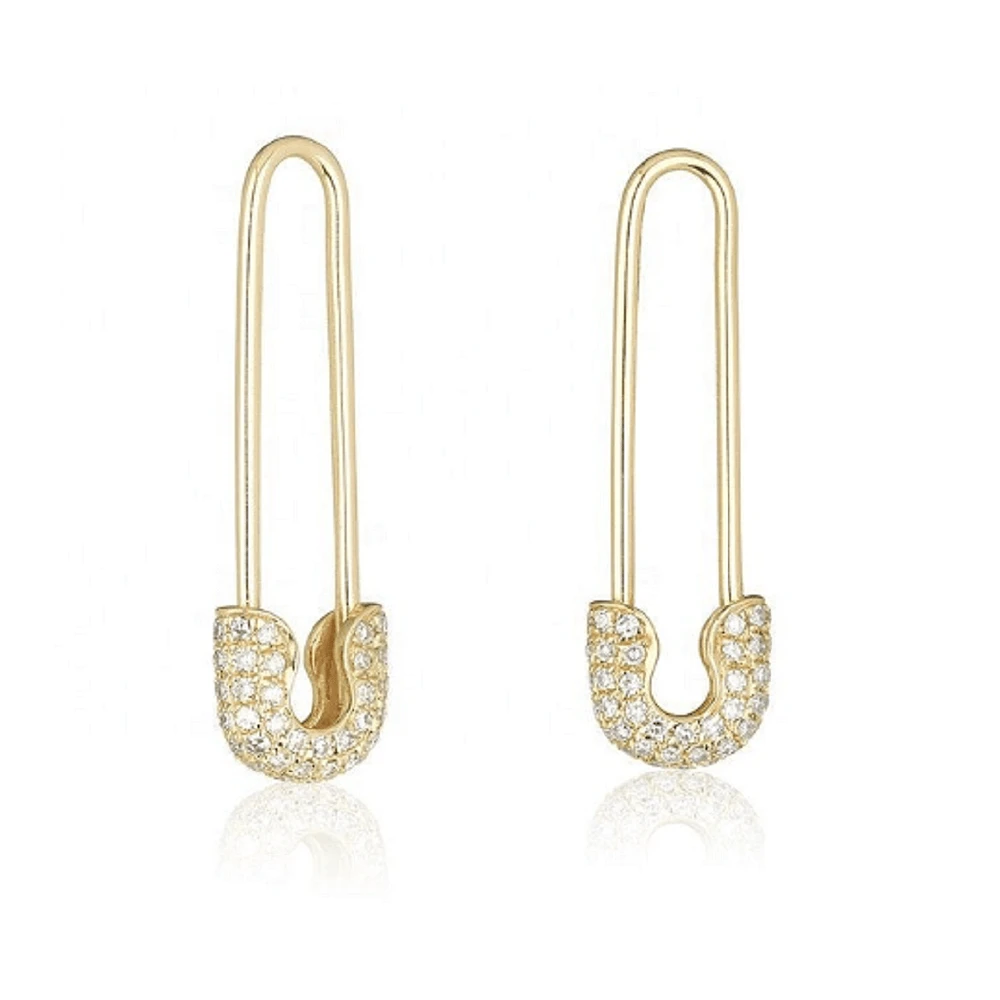 Pair of 925 Sterling Silver White CZ Gem Gold PVD Safety Pin Minimal Lightweight Earrings