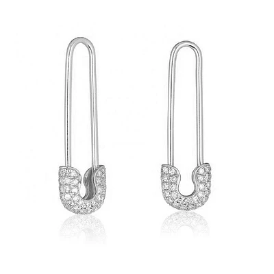 Pair of 925 Sterling Silver White CZ Gem Safety Pin Minimal Lightweight Earrings