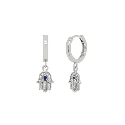 Pair Of 925 Sterling Silver White CZ Hamsa Dangle With Blue Gem Minimal Hoop Earrings