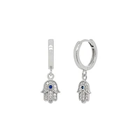 Pair Of 925 Sterling Silver White CZ Hamsa Dangle With Blue Gem Minimal Hoop Earrings