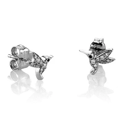 Pair of 925 Sterling Silver White CZ Hummingbird Minimal Earrings