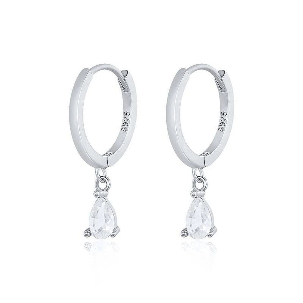 Pair Of 925 Sterling Silver White CZ Teardrop Dangle Minimal Hoop Earrings