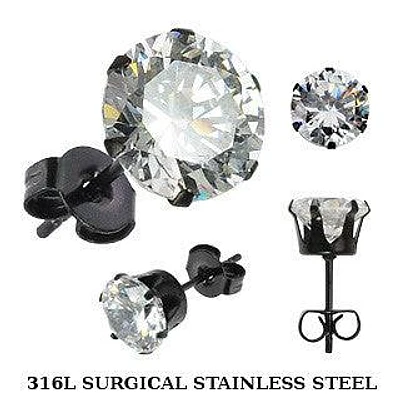 Pair of Black PVD Surgical Steel Circle Round Prong Set Earring Studs