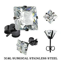 Pair of Black PVD Surgical Steel Square Prong Set Earring Studs
