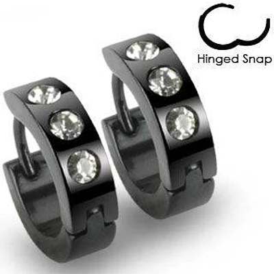 Pair of Black Stainless Steel 3 Gem Stud Hinged Snap On Hoop Earrings