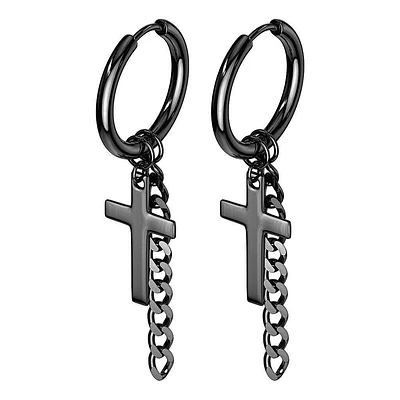 Pair of Surgical Steel Cross & Chain Dangle Hoop Earrings