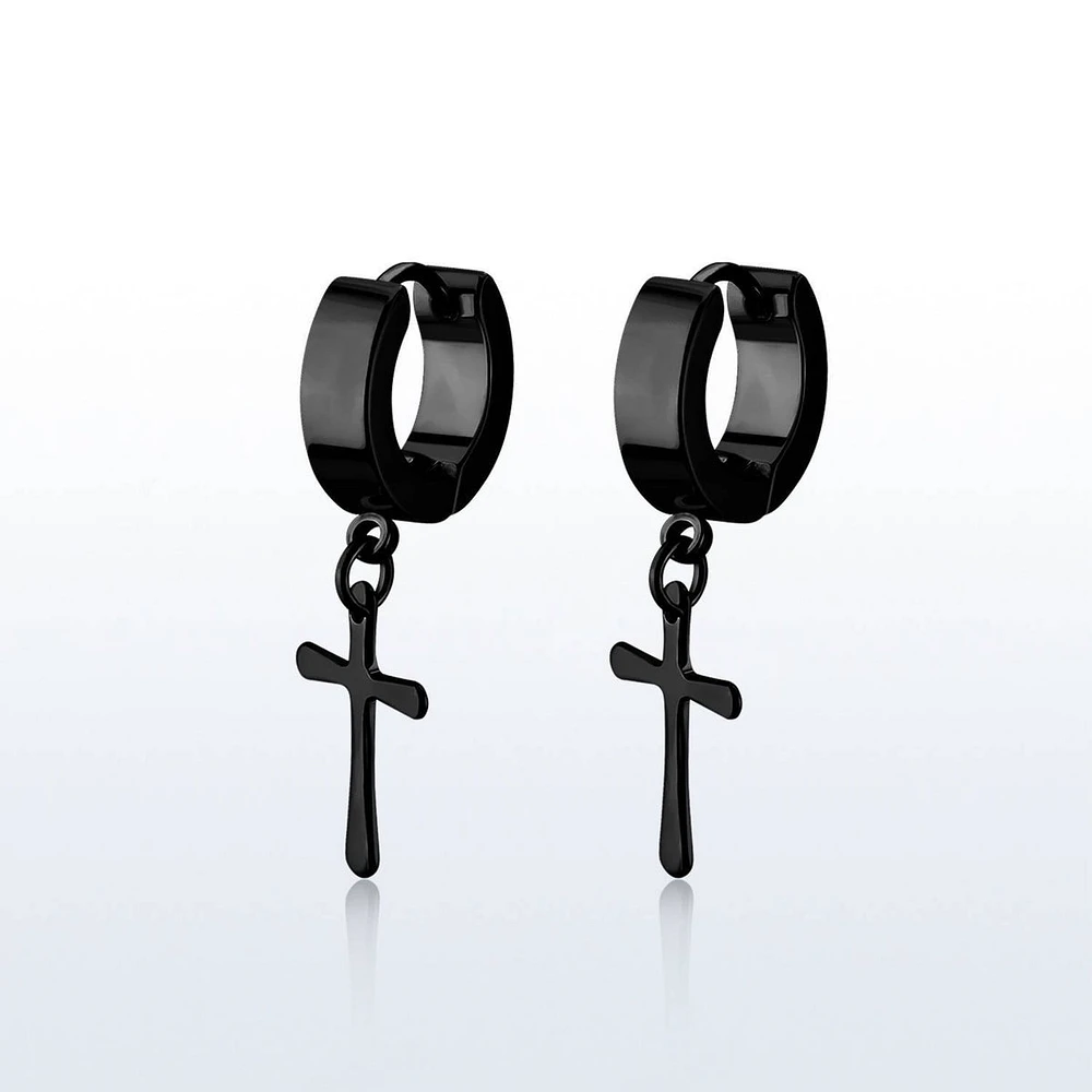 Pair of Black Surgical Steel Dangling Cross Hoop Earrings