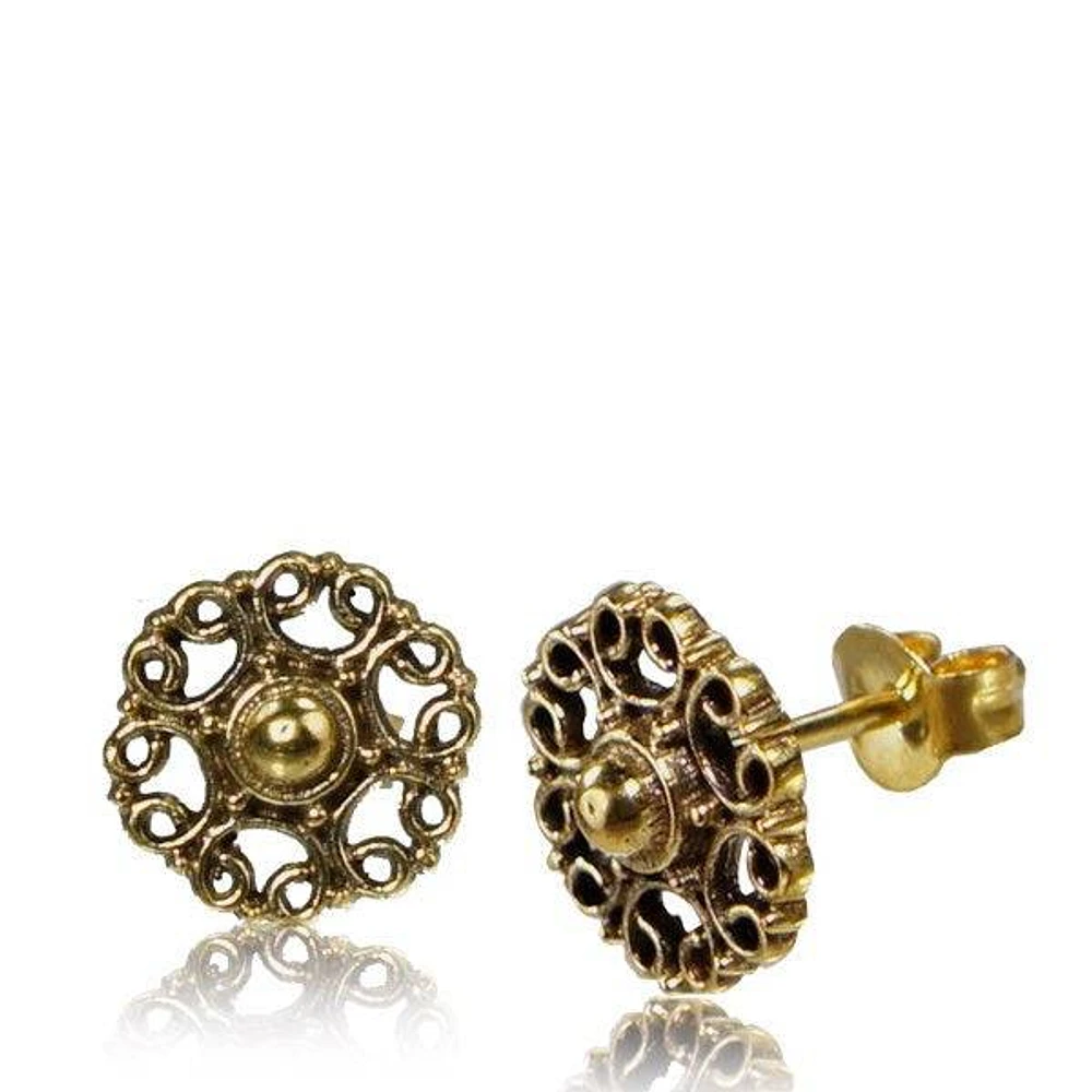 Pair of Brass Antique Flower Pattern Tribal Stud Earrings