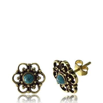 Pair of Brass Lotus Flower Earrings with Turquoise Centre