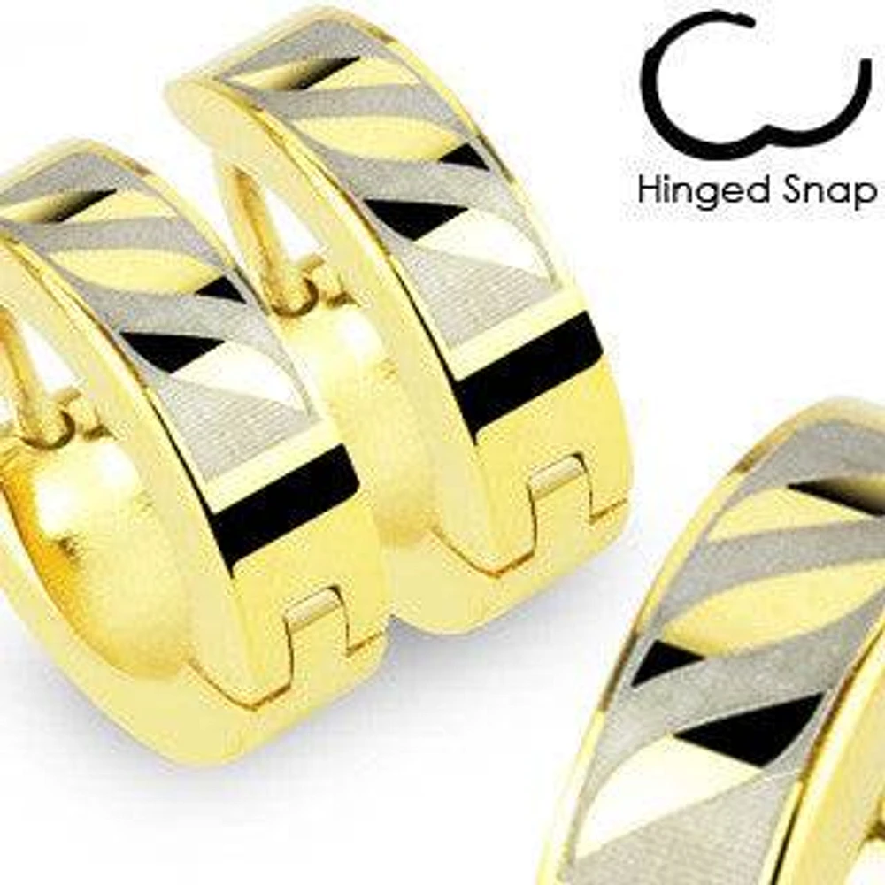 Pair of Gold Plated 3 Striped Design Hinged Snap On Hoop Earrings