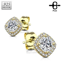 Pair of Gold Plated 925 Sterling Silver Paved White Square Earring Studs