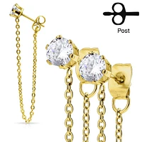 Pair of Gold Plated Surgical Steel CZ Connected Chain Stud Earrings