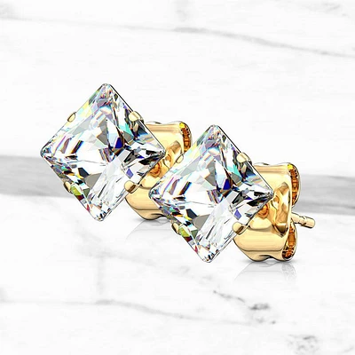 Pair of Gold Plated Surgical Steel Square Clear Prong Set Earring Studs