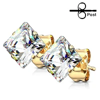 Pair of Gold Plated Surgical Steel Square Clear Prong Set Earring Studs