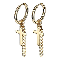 Pair of Gold Surgical Steel Cross & Chain Dangle Hoop Earrings