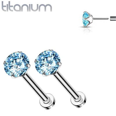 Pair of Implant Grade Titanium Threadless Aqua CZ Earring Studs with Flat Back