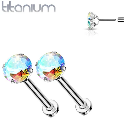 Pair of Implant Grade Titanium Threadless Aurora Borealis CZ Earring Studs with Flat Back