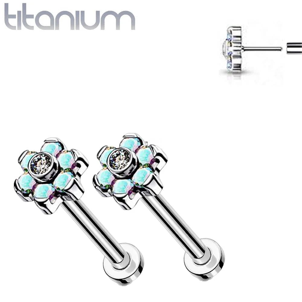 Pair of Implant Grade Titanium Threadless Aurora Borealis CZ Flower Earring Studs with Flat Back