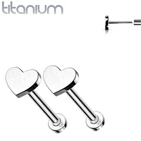 Pair of Implant Grade Titanium Threadless Small Dainty Heart Earring Studs with Flat Back