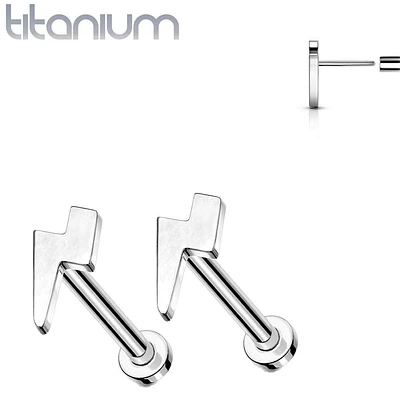 Pair of Implant Grade Titanium Threadless Lightning Bolt Earring Studs with Flat Back