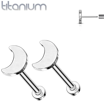 Pair of Implant Grade Titanium Dainty Threadless Moon Earring Studs with Flat Back