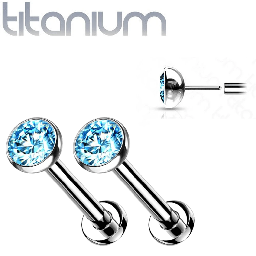 Pair of Implant Grade Titanium Threadless Stud Aqua Bezel Earrings with Flat Back