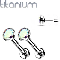 Pair of Implant Grade Titanium Threadless Stud Aurora Borealis Bezel Earrings with Flat Back