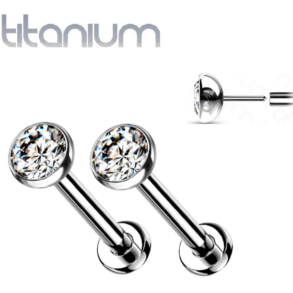 Pair of Implant Grade Titanium Threadless Stud Bezel Earrings with Flat Back