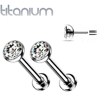 Pair of Implant Grade Titanium Threadless Stud Bezel Earrings with Flat Back