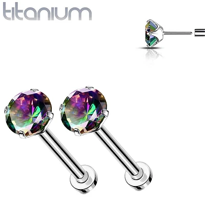 Pair of Implant Grade Titanium Threadless Vitrail Medium CZ Earring Studs with Flat Back