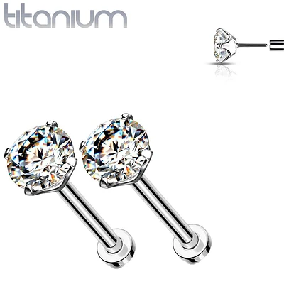 Pair of Implant Grade Titanium Threadless CZ Earring Studs with Flat Back